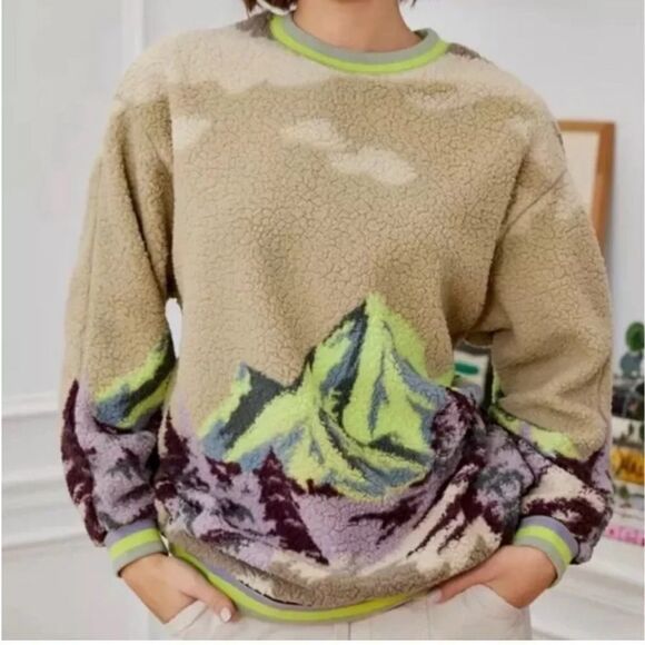 UO Out From Under Sherpa Sweatshirt Landscape Mountain Sherpa Crew Multicolor S - Picture 2 of 13